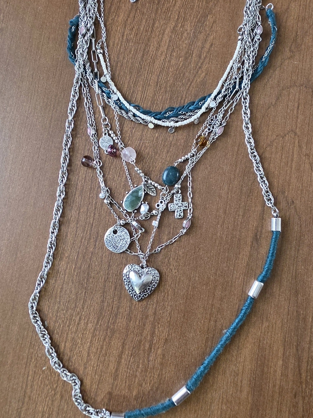 Free People Multi-Layered Boho Charm Necklace – Silver, Teal & Mixed Stones